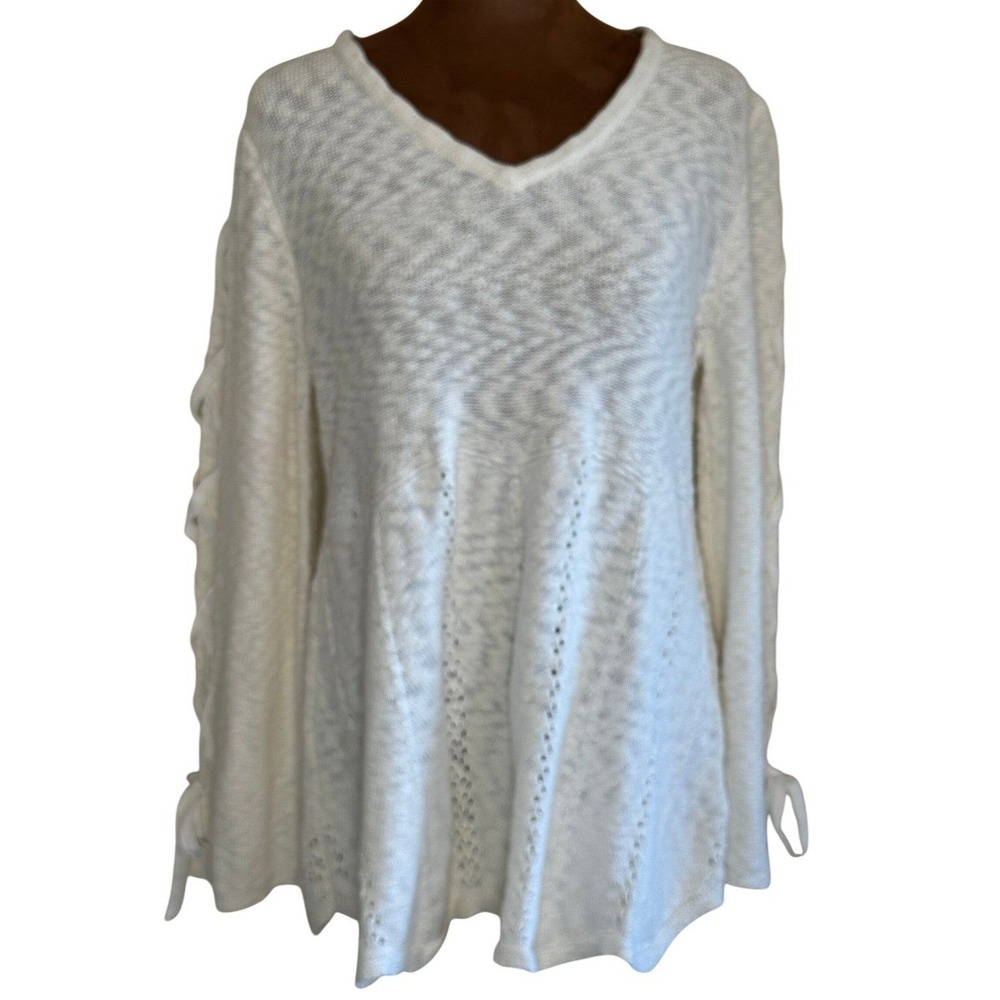 Style & Co Sweater Women Large White Boho Knit Tie Sleeve V Neck EUC Feminine